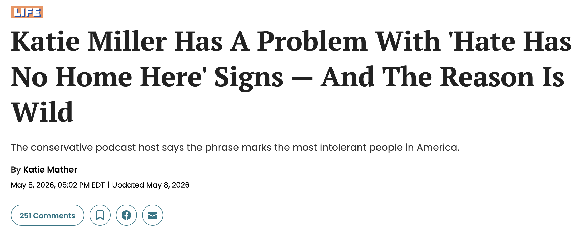 HuffPost article screenshot for Katie Miller Has A Problem With 'Hate Has No Home Here' Signs
